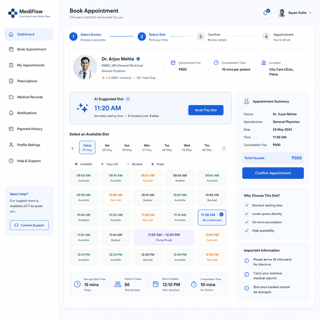 MediFlow Smart Doctor Appointment interface